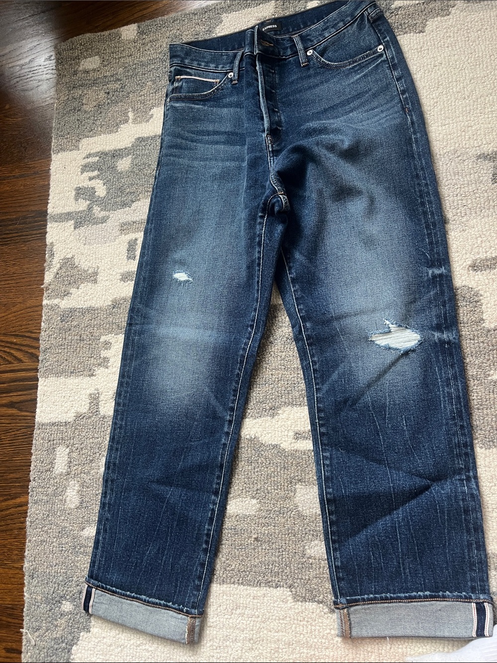 Express Women's High Rise Dark Blue Distressed Jeans